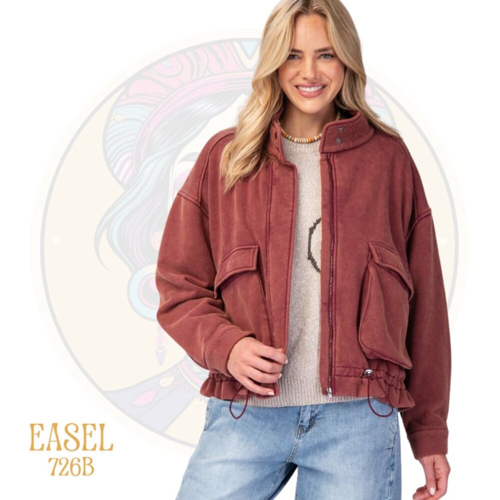 EASEL 726B Washed Zip Up Bomber Jacket Rust Burgundy